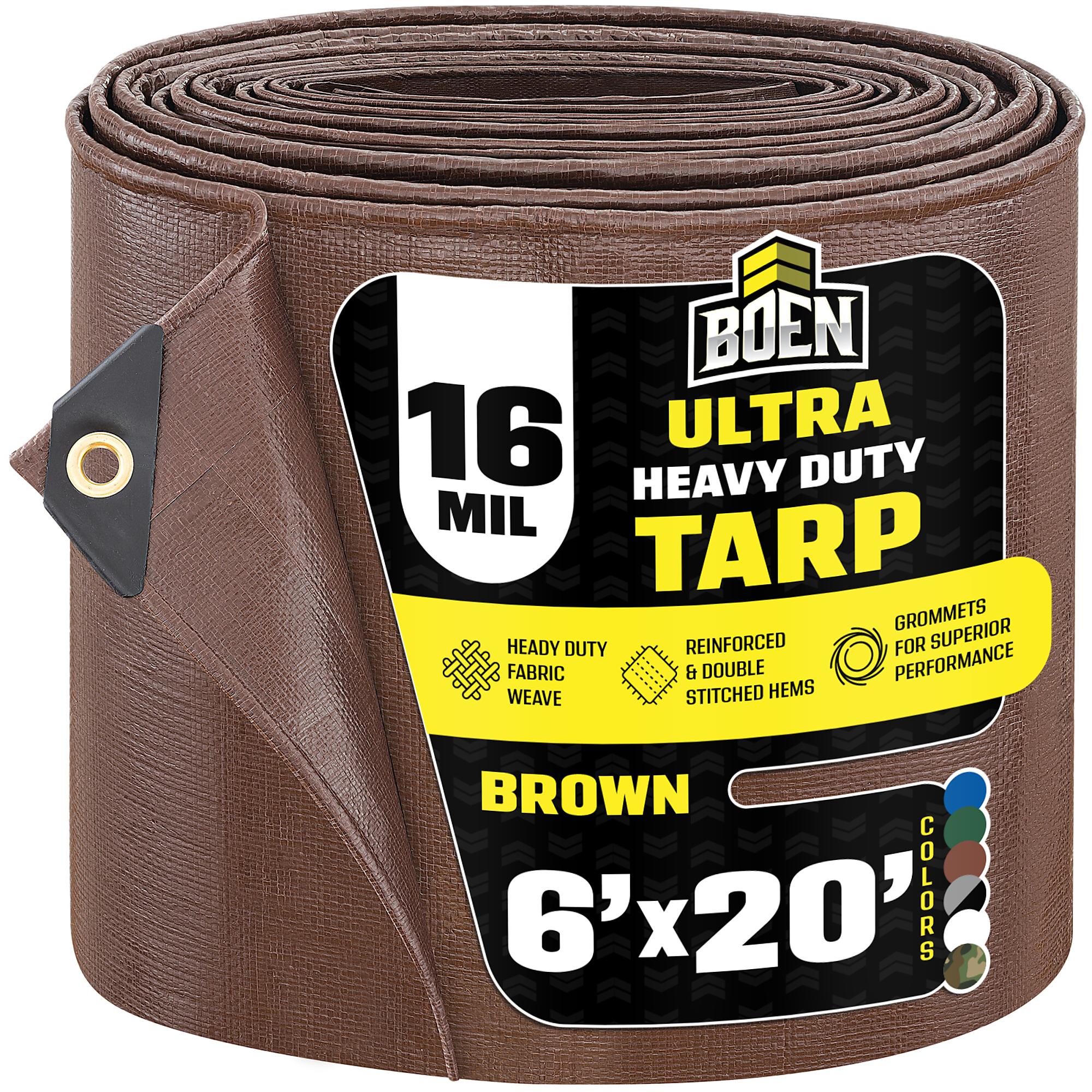 Boen Ultra Heavy-Duty Tarp — 6ft. x 20ft., 16 Mil Thick, Waterproof, UV-Resistant, Brown, Model# BR16T-620